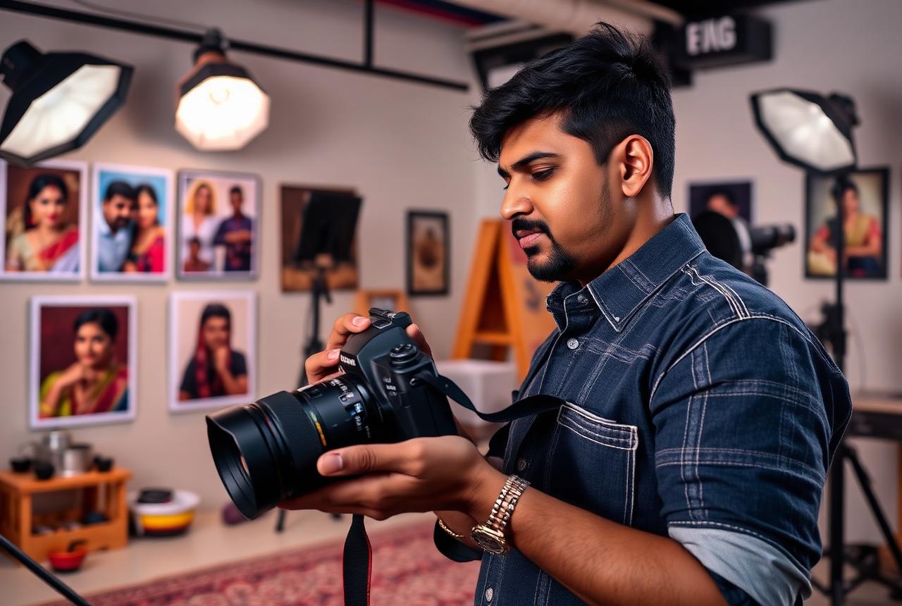 Wedding photographer reviewing photographs in his studio