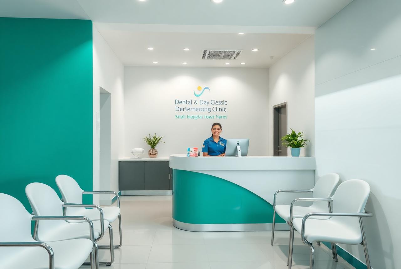 Reception desk of a small dental and diagnostic clinic in West Bengal